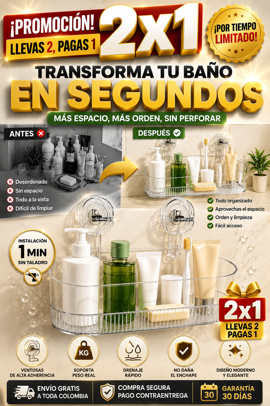 🔥 PROMOCIÓN 2x1 | Organizador de Baño con Ventosa – Más espacio sin perforar