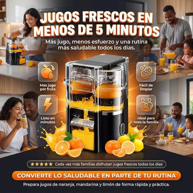 FreshJuicer Pro™ - Prepara jugos frescos de naranja, mandarina y limón en menos de 5 minutos, sin esfuerzo y aprovechando mejor cada fruta.