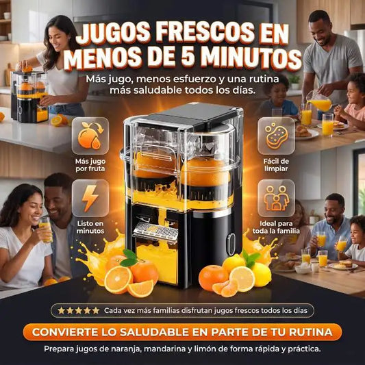 FreshJuicer Pro™ - Prepara jugos frescos de naranja, mandarina y limón en menos de 5 minutos, sin esfuerzo y aprovechando mejor cada fruta.