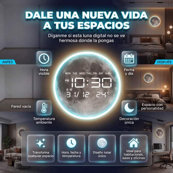 LunaTime™  Dale una nueva vida a tus espacios 🕒 Hora Digital • 📅 Fecha • 🌡️ Temperatura • ✨ Decoración Lunar