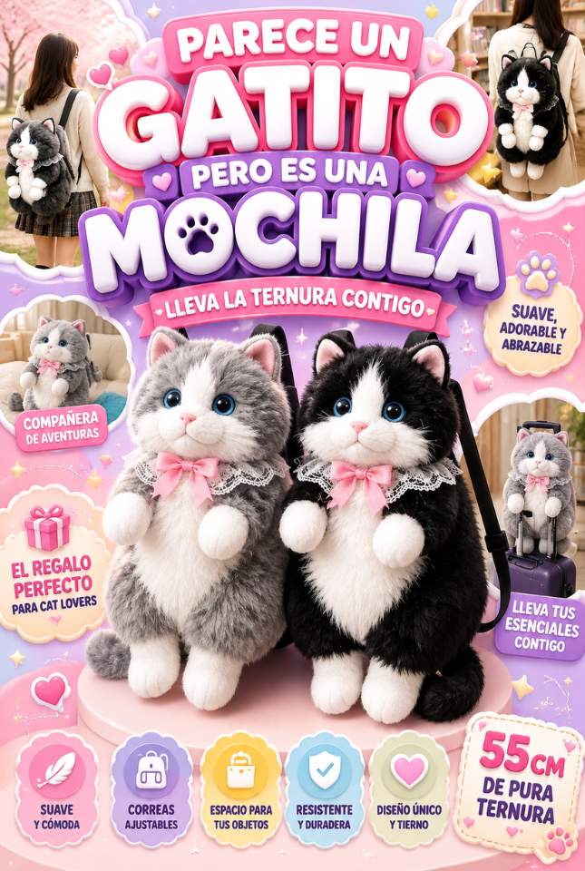 Gatito Mochila de Peluche – Lleva Ternura y Estilo Contigo a Todas Partes 🐾💕