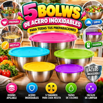 Set de 5 Bowls de Acero Inoxidable – Organiza tu Cocina y Ahorra Espacio