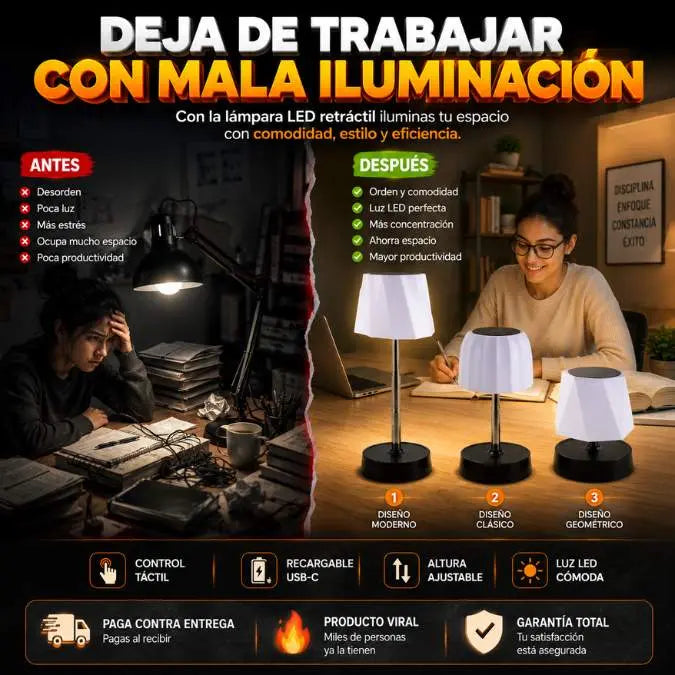 Lámpara LED Retráctil Táctil Recargable - Trabaja, estudia y lee con total comodidad en cualquier espacio.