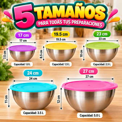 Set de 5 Bowls de Acero Inoxidable – Organiza tu Cocina y Ahorra Espacio