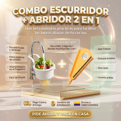 COMBO ESCURRIDOR + ABRIDOR 2 EN 1 - Dos herramientas prácticas para simplificar tus tareas de cocina.