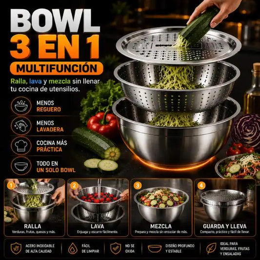 Bowl 3 en 1 Multifunción | Ralla, Lava y Mezcla en un Solo Lugar | Cocina Más Rápido y Sin Desorden
