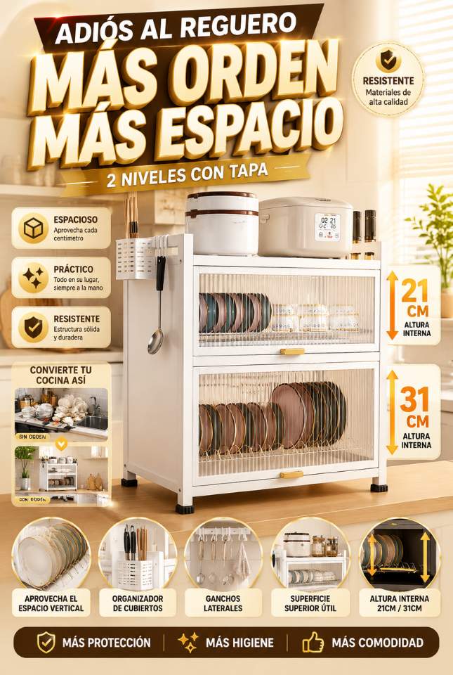 Platero Organizador con Gabinete – Duplica el Orden y Libera Espacio en tu Cocina