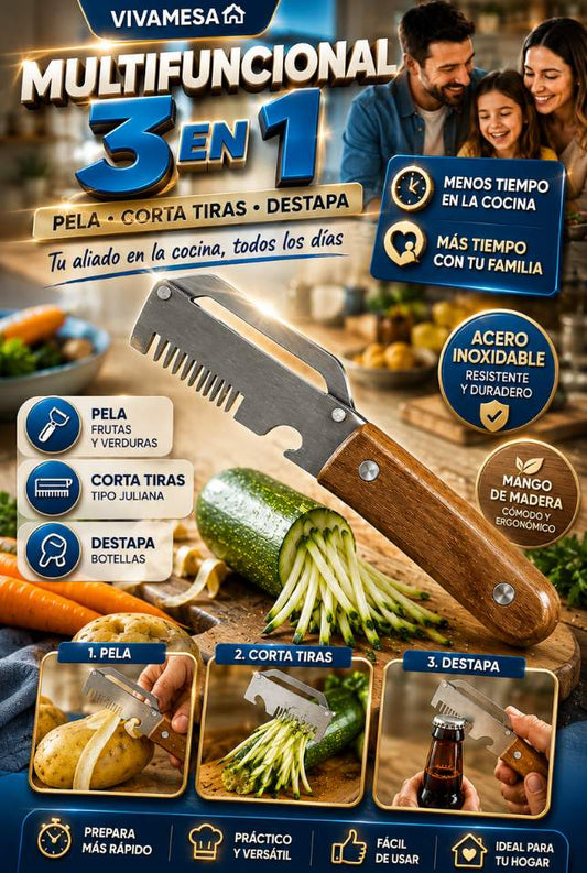 Pelador Multifuncional VivaMesa 3 en 1 – Pela, Corta Tiras y Destapa con un Solo Utensilio