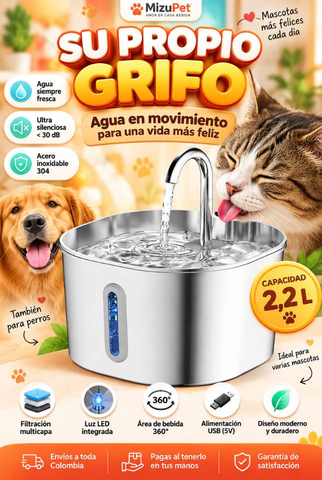 Fuente de Agua Automática – 2,2 L, Acero Inoxidable Agua en movimiento y Bomba Ultra Silenciosa