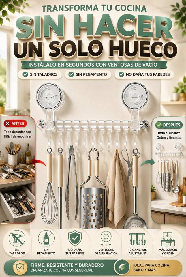 Organizador de Cocina con Ventosas | Mantén todo al alcance sin dañar tus paredes