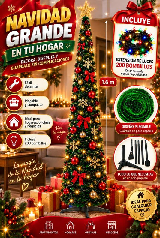 Árbol Navideño Plegable – 1.6 metros Fácil de Guardar + luces de 200 Bombillos