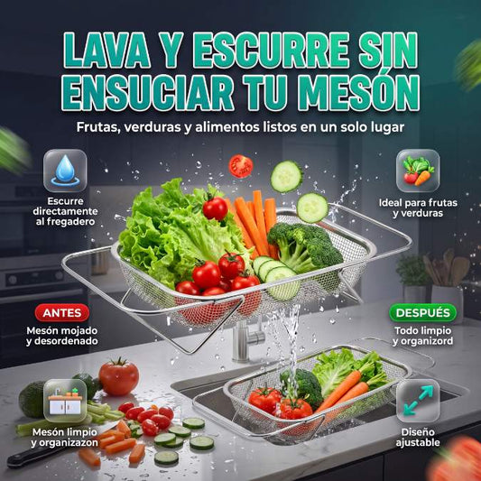 Colador Escurridor Expandible™ | Lava, Escurre y Organiza tus Alimentos en un Solo Lugar