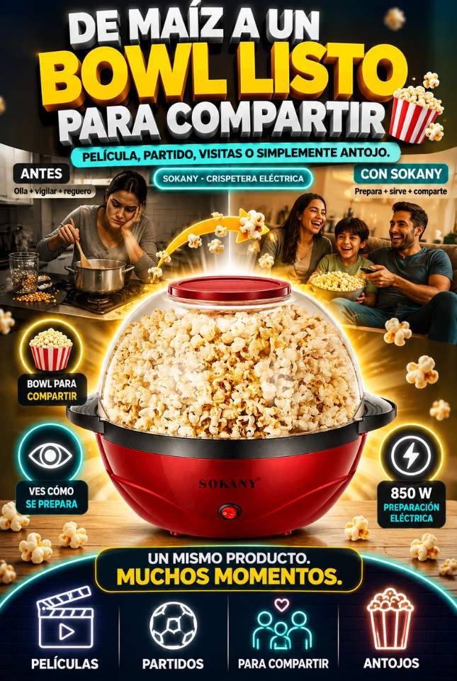 Crispetera Eléctrica SOKANY 5L – Prepara un Bowl Grande de Crispetas para Compartir en Cualquier Momento 🍿