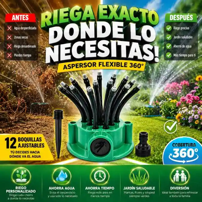 Aspersor Flexible 360™ | Riego Inteligente para Jardín