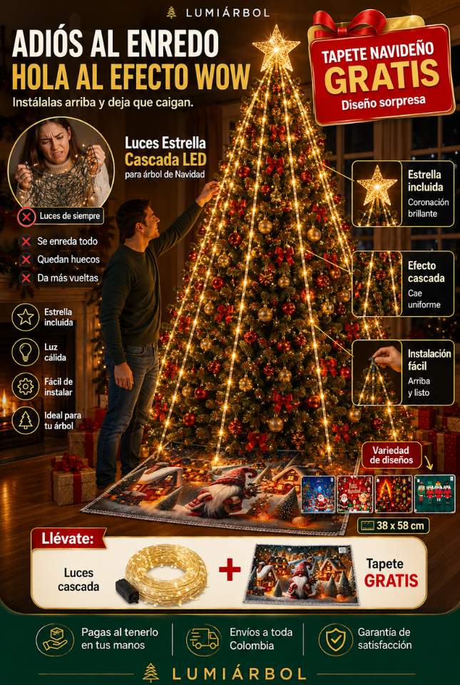 Luces Estrella Cascada LED  + Tapete GRATIS – Menos enredos, más impacto en tu árbol