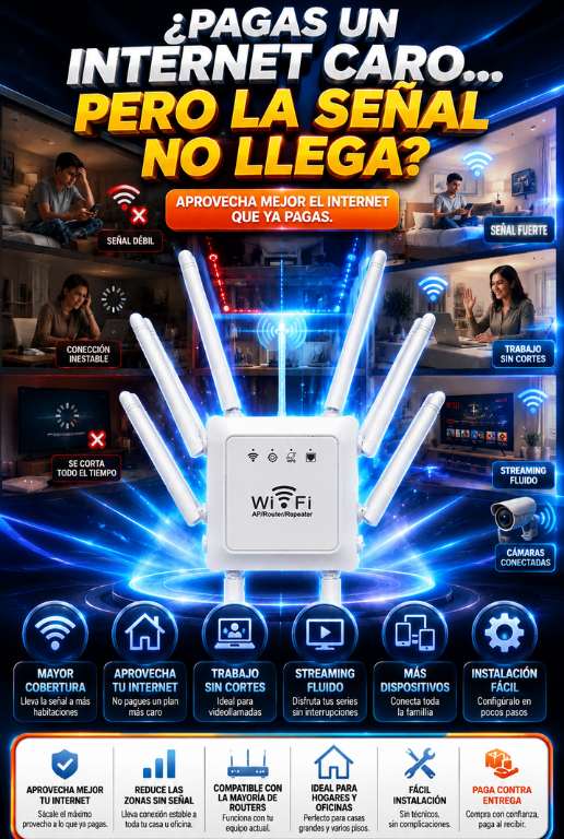 Repetidor WiFi 8 Antenas | Amplía la Cobertura de tu WiFi sin Cambiar de Operador