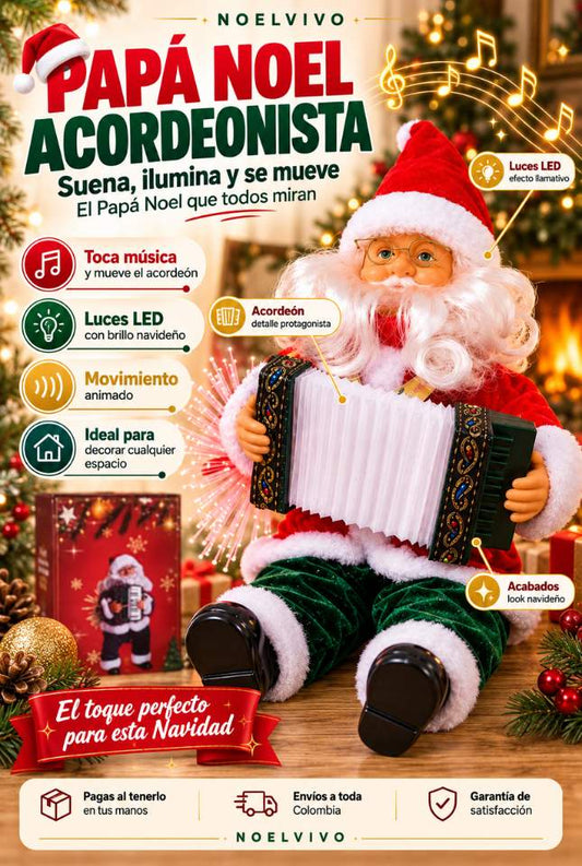 Papá Noel Musical con Acordeón LED – Decora, Ilumina y Anima tu Navidad