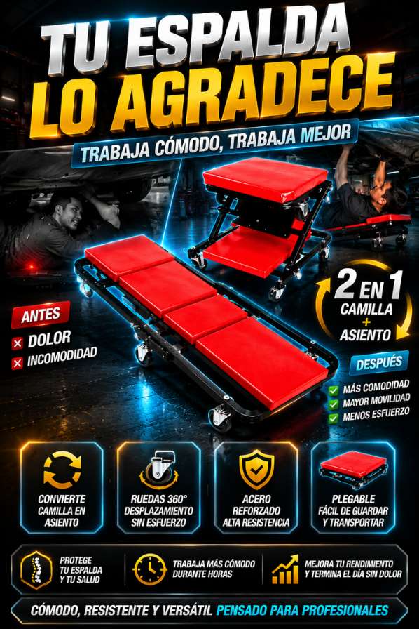RollPro™ | Camilla Mecánica 2 en 1 Convertible ✅ Aumenta la productividad en el taller.