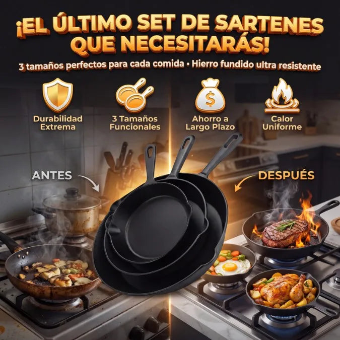 🥘Set de Sartenes de Hierro Fundido X3-Sartenes que Dura por Años💰-3 Tamaños para Cada Comida
