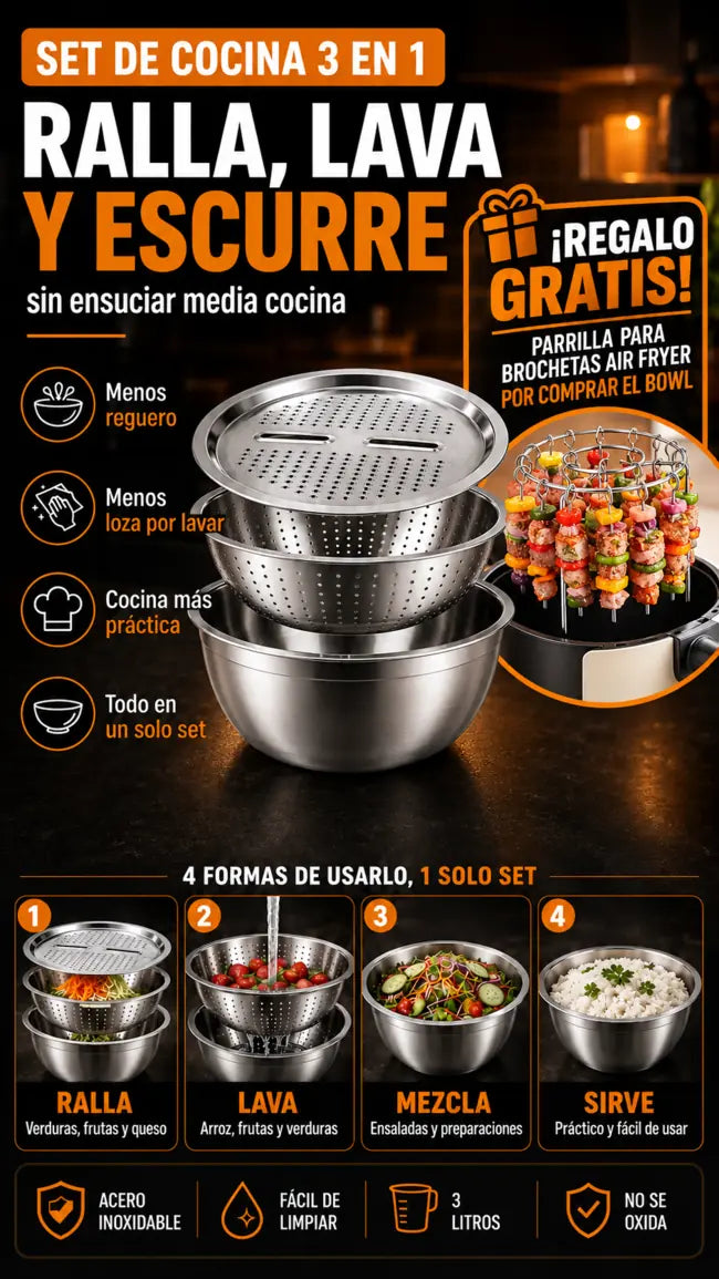 Set de Cocina 3 en 1 + Parrilla para Brochetas GRATIS Ralla, lava, escurre y prepara todo en un solo bowl.