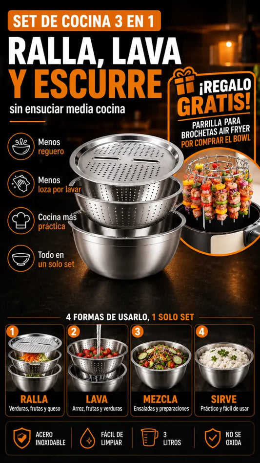 Set de Cocina 3 en 1 + Parrilla para Brochetas GRATIS Ralla, lava, escurre y prepara todo en un solo bowl.